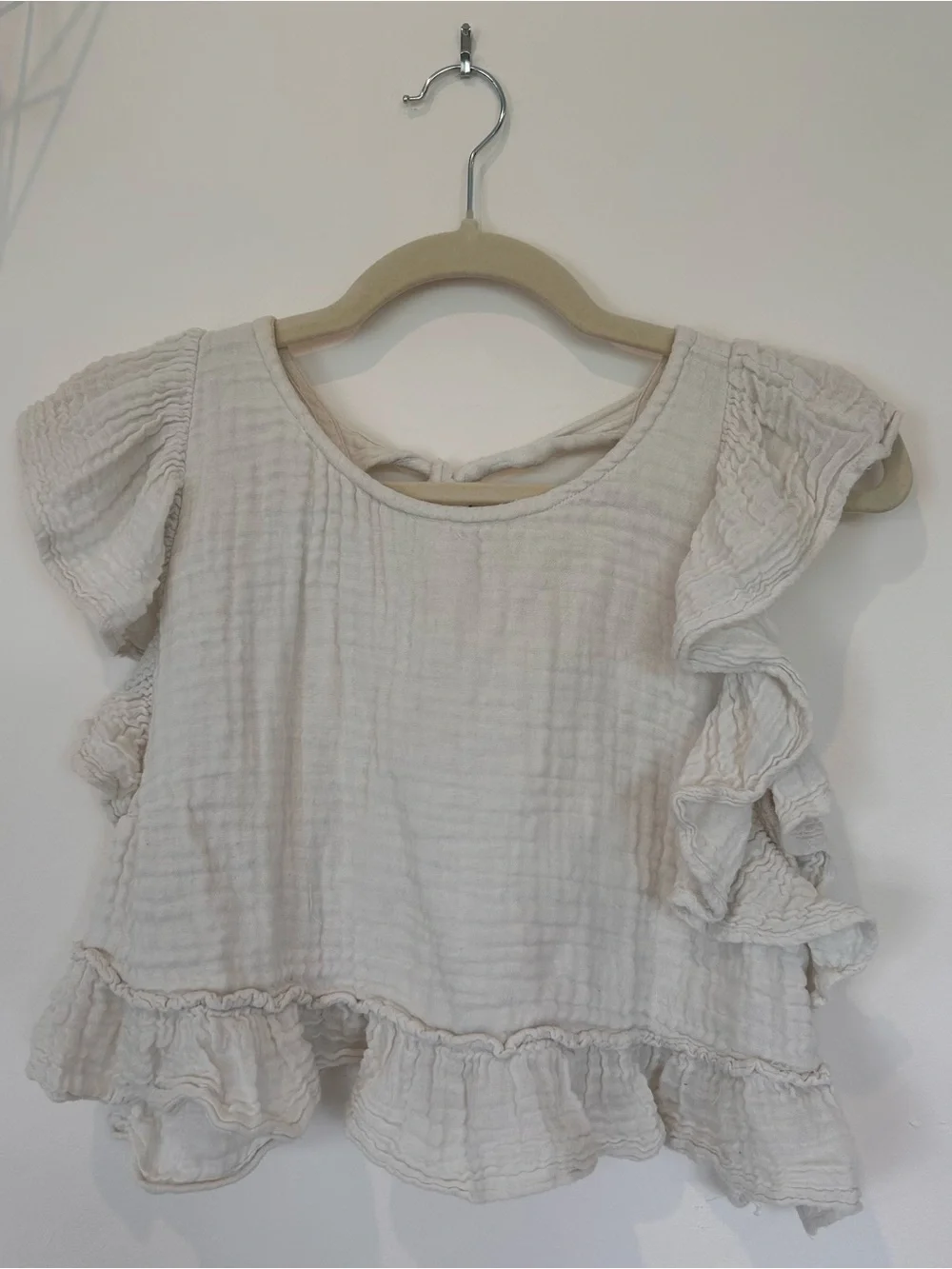 Free People Cream Gauze Ruffle Crop Top Tie-Back Boho Summer Sz S